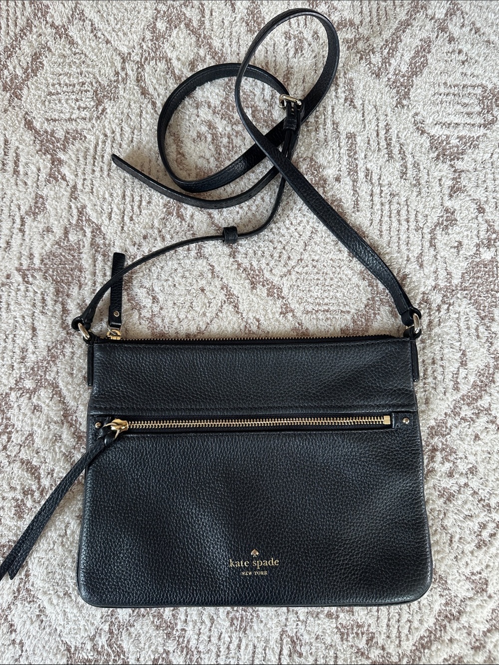 Kate Spade Black Pebbled Leather Crossbody Bag Gold Zip Classic Everyday